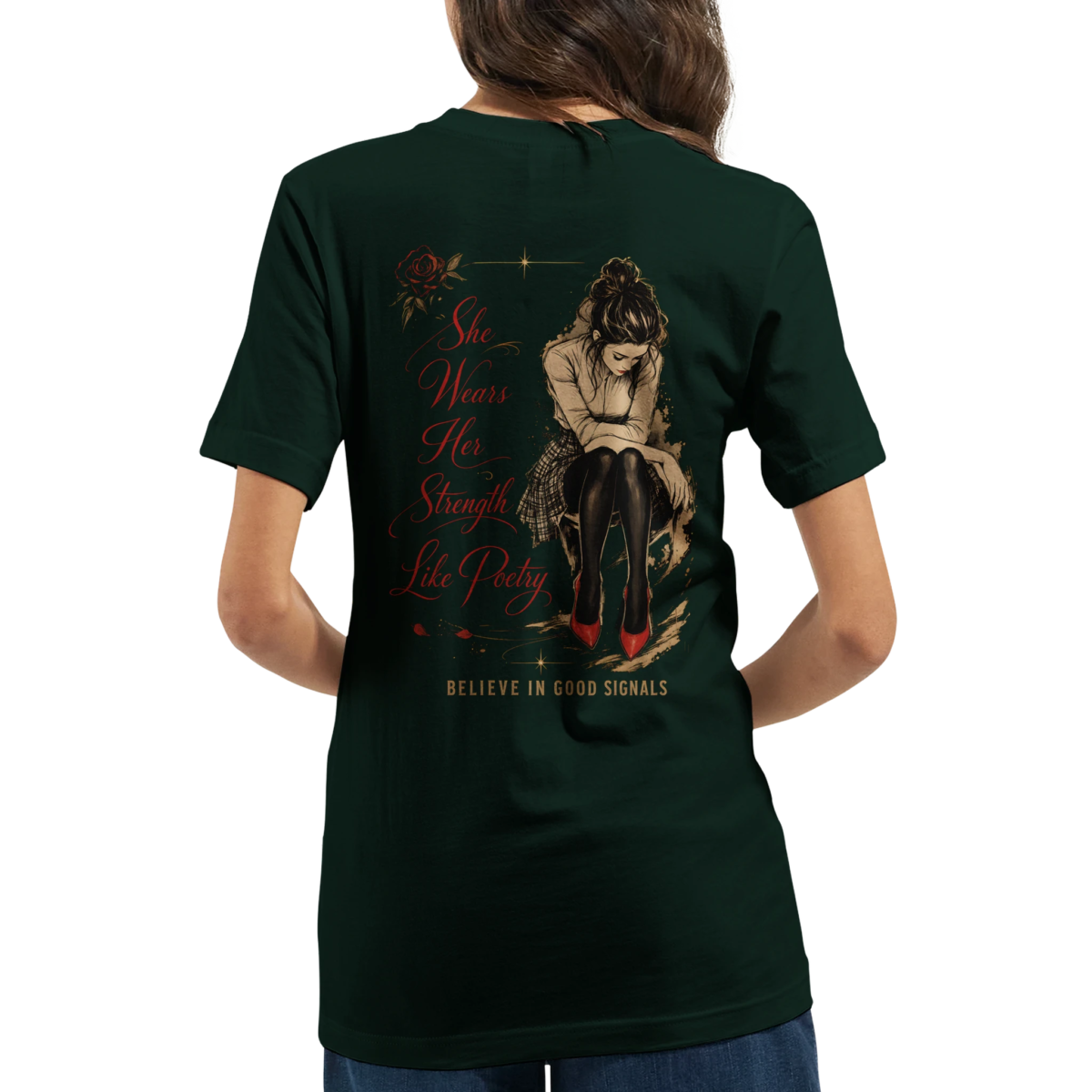 "SHE WEARS HER STRENGTH LIKE POETRY" Premium Unisex Crewneck T-shirt | Bella + Canvas 3001