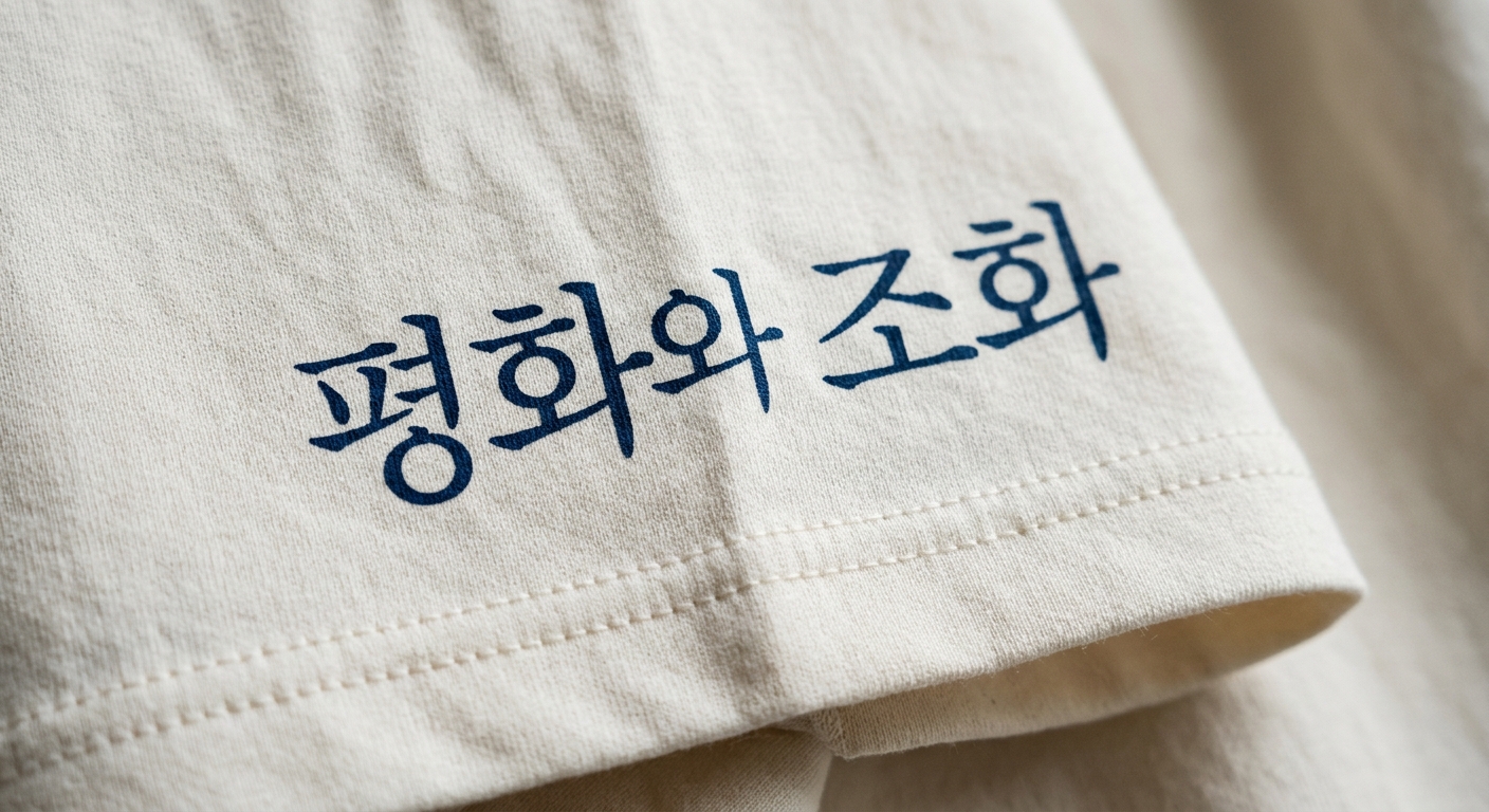A close-up shot of a high-quality cotton fabric showing the intricate details of a Korean typography print and clean dou