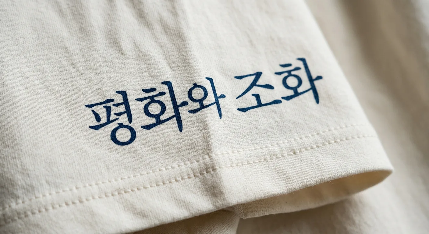 A close-up shot of a high-quality cotton fabric showing the intricate details of a Korean typography print and clean dou