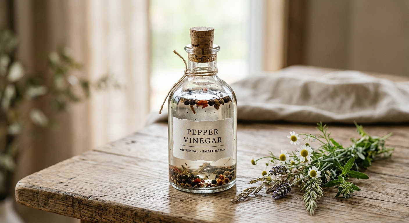 A close-up of a vintage-style glass bottle filled with clear, pepper-flecked vinegar sauce, sitting on a rustic wooden t