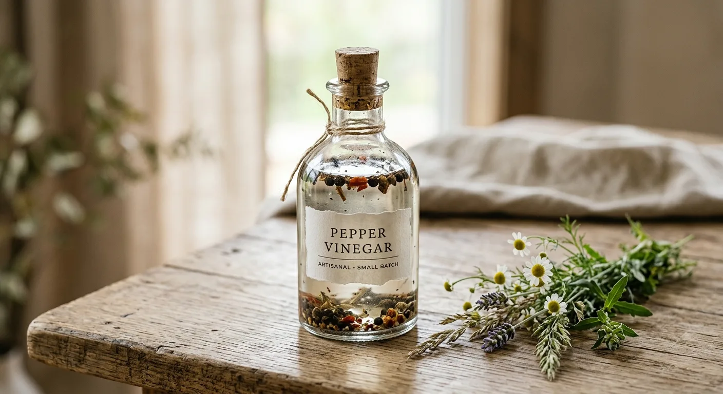 A close-up of a vintage-style glass bottle filled with clear, pepper-flecked vinegar sauce, sitting on a rustic wooden t