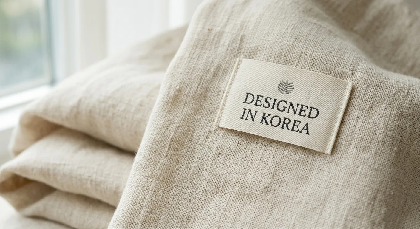 A close-up of high-quality fabric texture and a 'Designed in Korea' label, representing the tactile comfort and quality