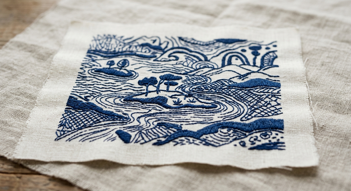 A close-up shot of a high-quality fabric swatch showing the 'Ink Island' pattern, highlighting the deep indigo textures 