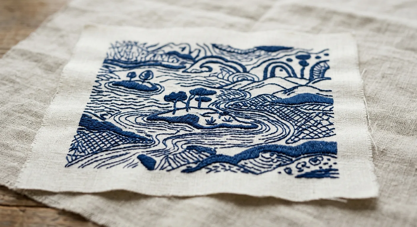 A close-up shot of a high-quality fabric swatch showing the 'Ink Island' pattern, highlighting the deep indigo textures