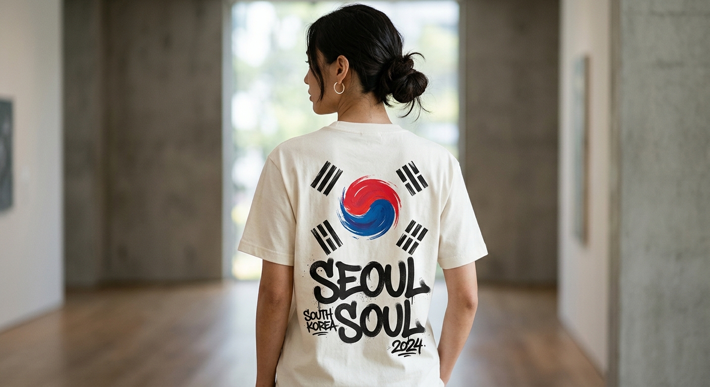 A close-up of a premium cotton t-shirt featuring a vibrant, brushstroke-style South Korean flag and modern graffiti typo