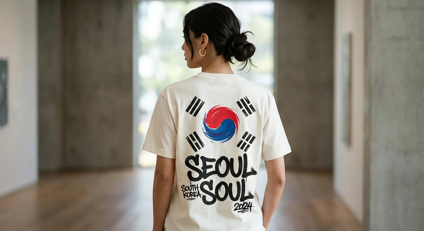 A close-up of a premium cotton t-shirt featuring a vibrant, brushstroke-style South Korean flag and modern graffiti typo
