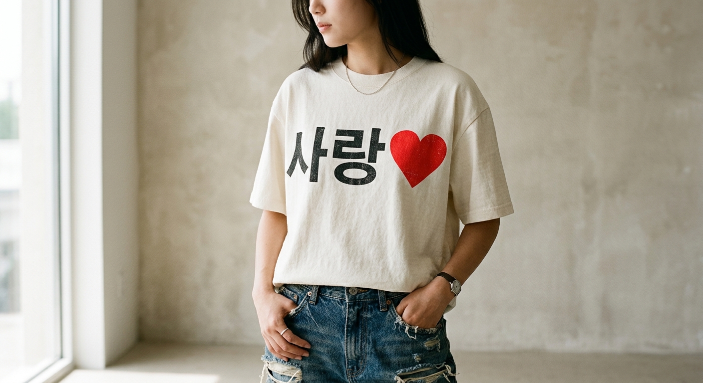 A close-up shot of a textured, heavyweight white t-shirt featuring bold Korean typography and a vibrant red heart graphi