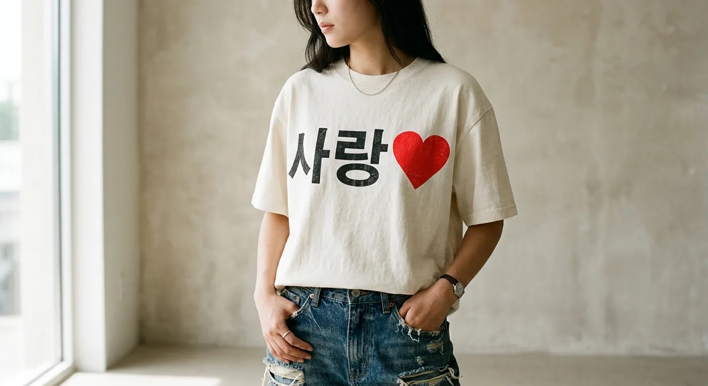 A close-up shot of a textured, heavyweight white t-shirt featuring bold Korean typography and a vibrant red heart graphi