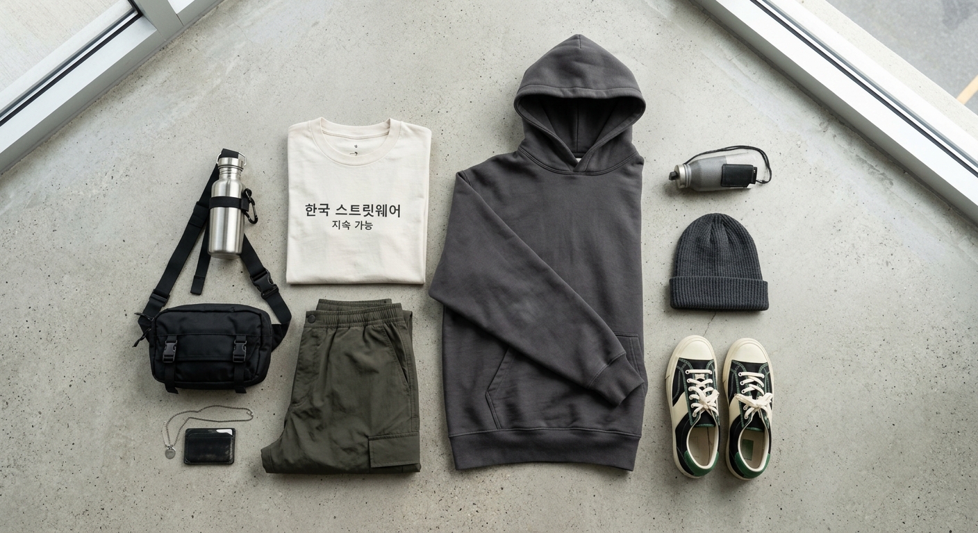 A flat lay of sustainable Korean streetwear pieces including a heavy-weight hoodie, a graphic t-shirt with Korean script