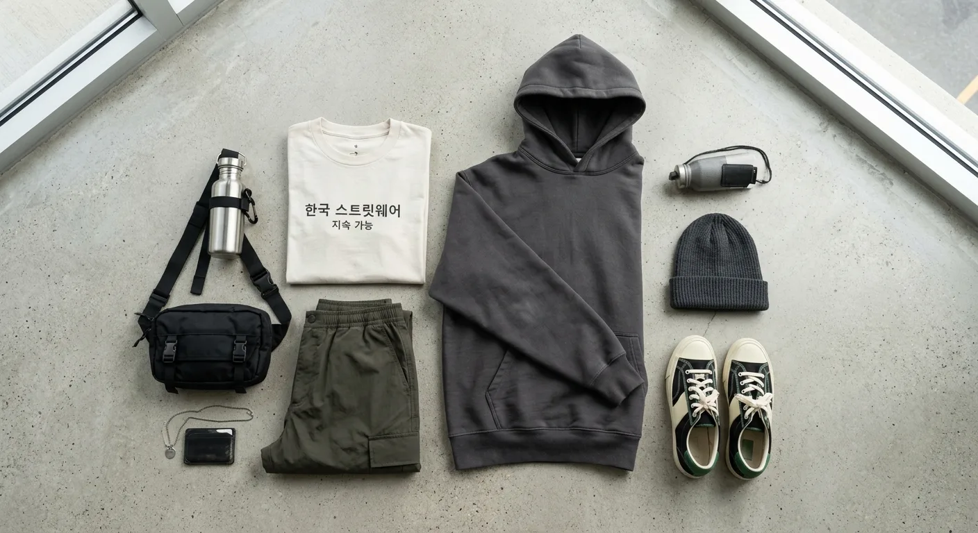 A flat lay of sustainable Korean streetwear pieces including a heavy-weight hoodie, a graphic t-shirt with Korean script