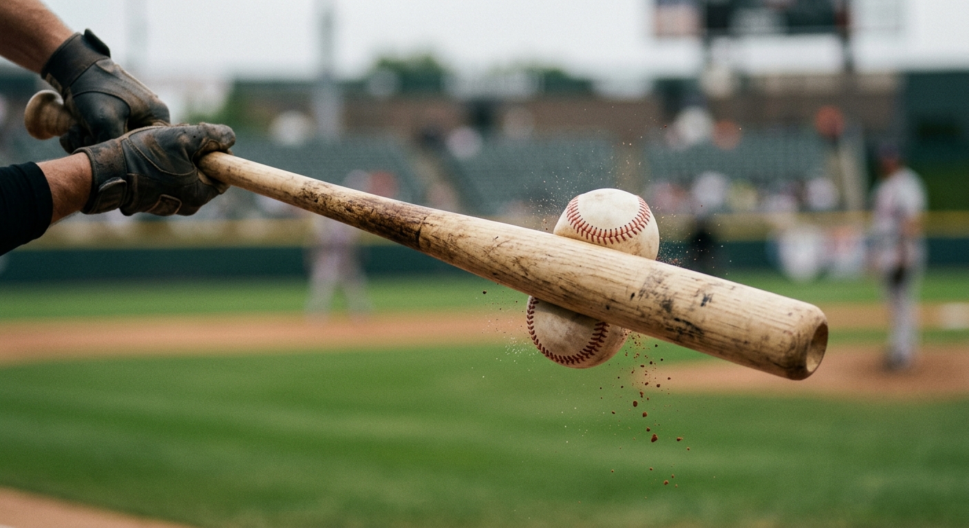 A detailed close-up of a baseball bat making contact with a ball, showing the grit and intensity of a professional game 