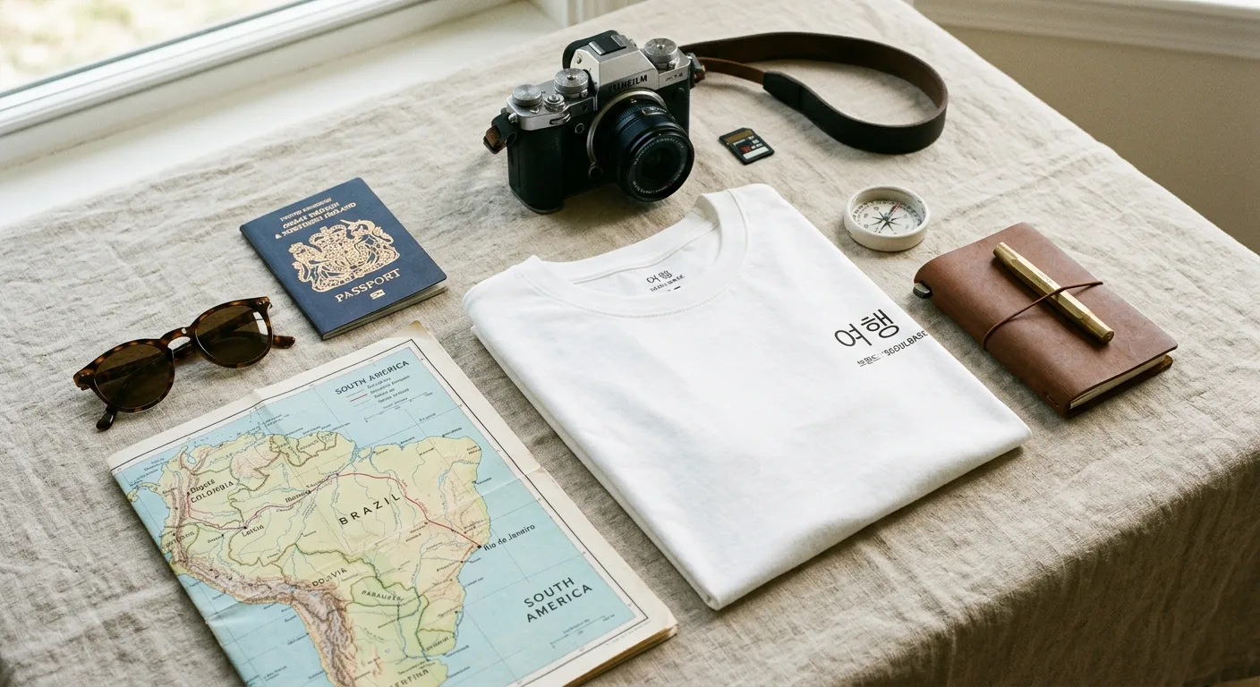 A stylish flat-lay of travel essentials including a white Korean-design t-shirt, a digital camera, a passport, and a map