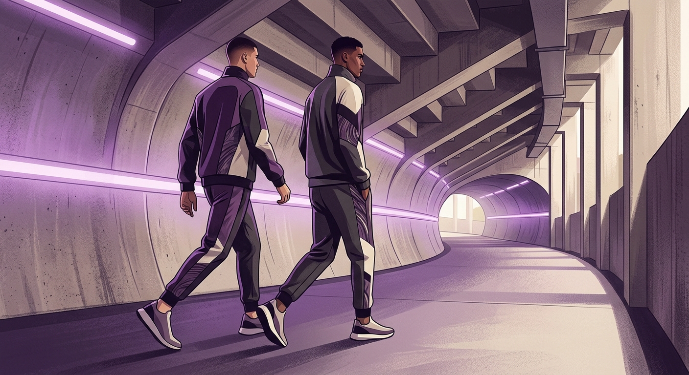 A vibrant graphic illustration of a stylized 'tunnel walk' featuring a player in a designer tracksuit with soft purple l
