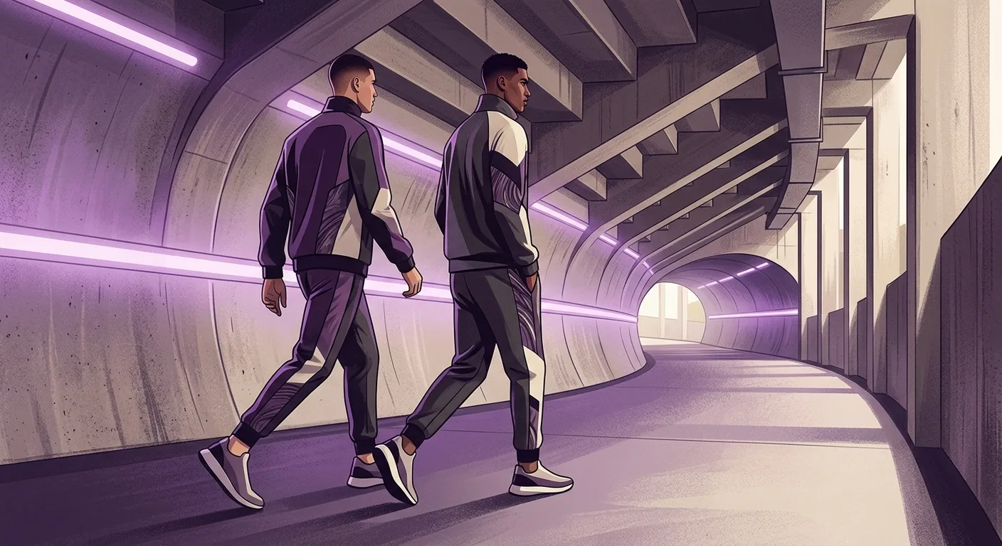 A vibrant graphic illustration of a stylized 'tunnel walk' featuring a player in a designer tracksuit with soft purple l