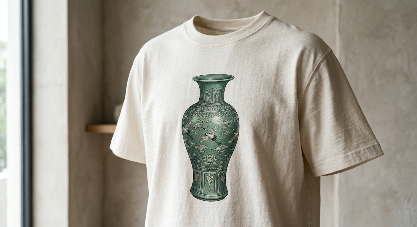 A close-up of a premium cotton t-shirt featuring a detailed illustration of a traditional Korean celadon vase against a