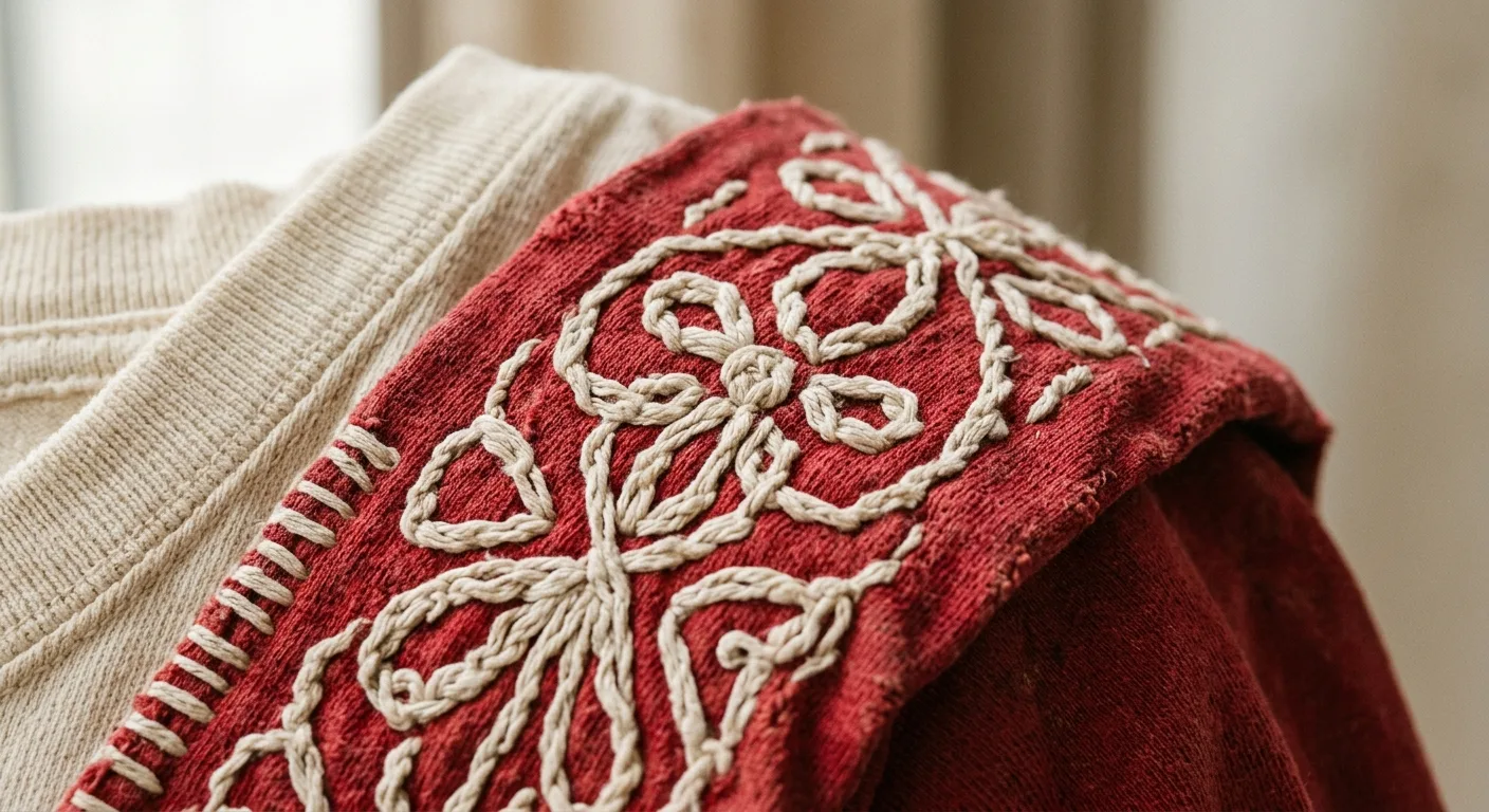 A close-up of heavy-stitch embroidery on a vintage-style red sash of a football jersey, showing the detailed texture of 