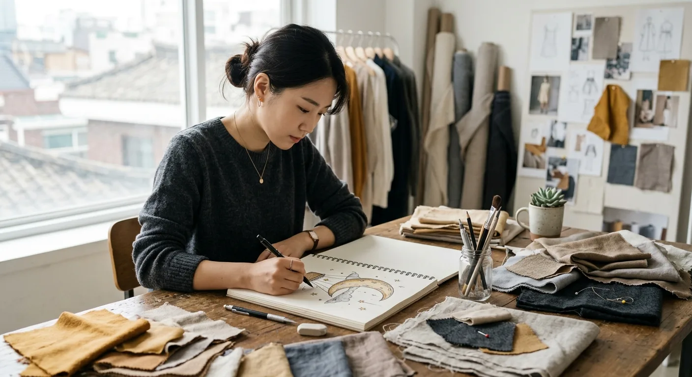 A close-up of a designer at a desk in a Seoul studio, sketching a graphic of a moon balloon while surrounded by fabric s