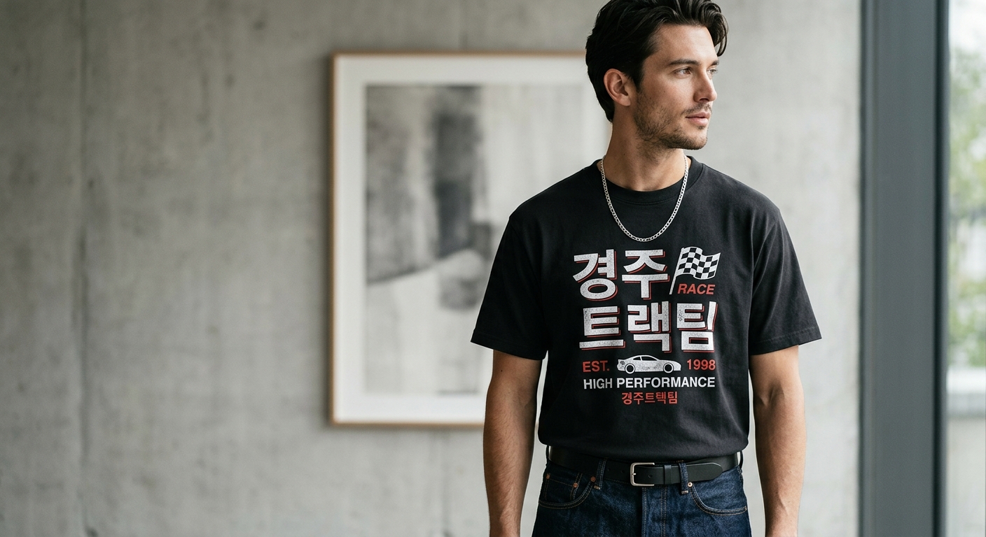 A close-up of a high-quality heavyweight cotton t-shirt with Korean typography and racing graphics, styled with a silver