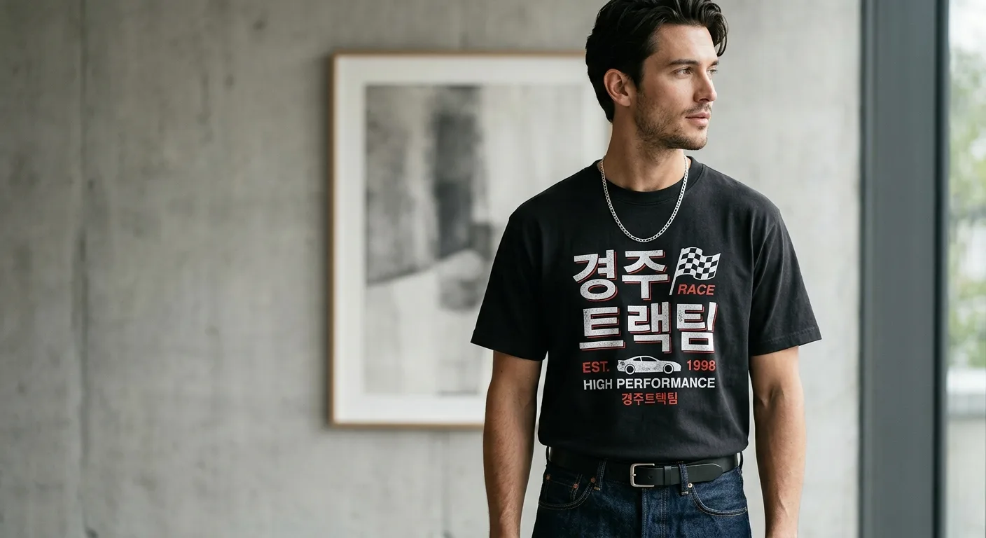 A close-up of a high-quality heavyweight cotton t-shirt with Korean typography and racing graphics, styled with a silver