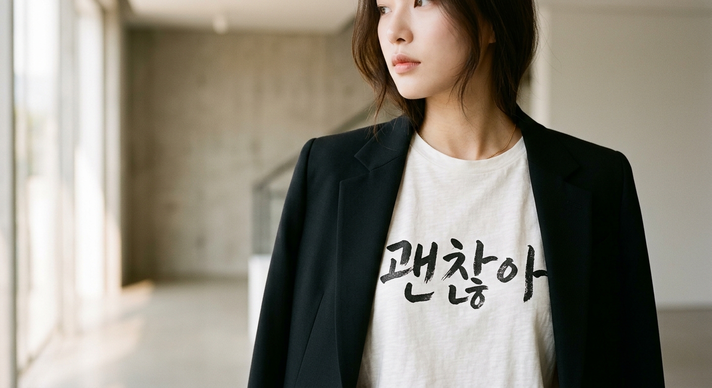 A close-up of a hand-drawn Korean calligraphy 'Gwenchana' design on a premium white t-shirt, styled with a sleek black d
