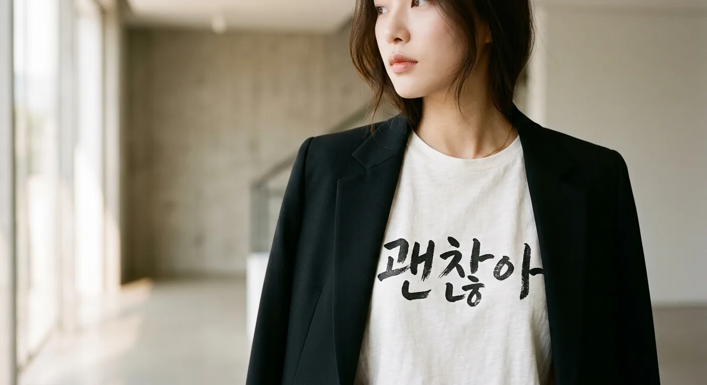 A close-up of a hand-drawn Korean calligraphy 'Gwenchana' design on a premium white t-shirt, styled with a sleek black d