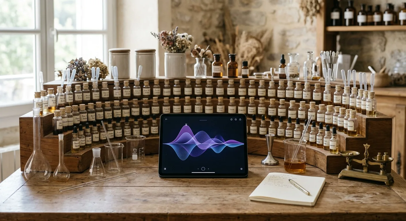A close-up of a master perfumer's desk in a Grasse studio, showing vintage glass beakers, a 'perfume organ' with hundred