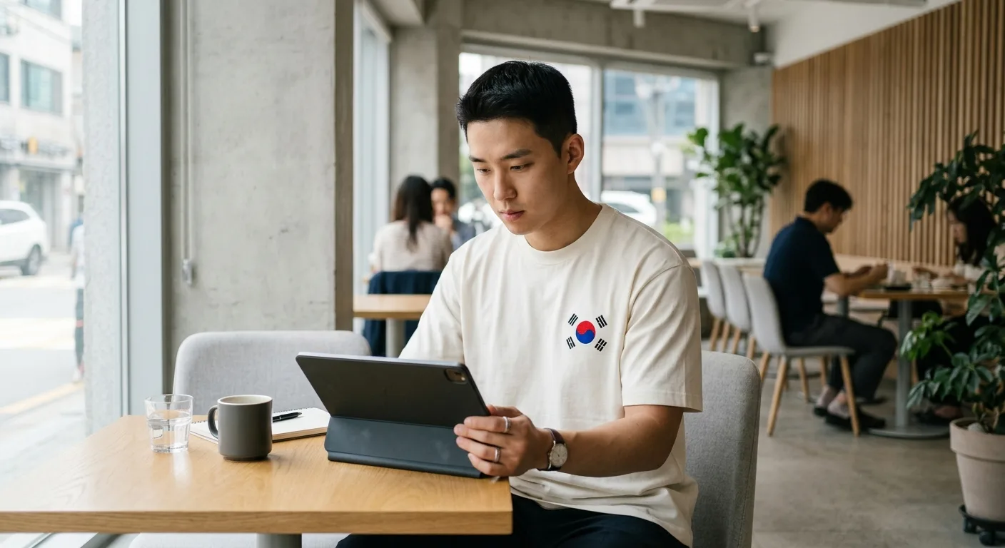 A stylish young man in a 'Korea Taegukki' heavyweight tee sitting in a modern Seoul cafe, intensely analyzing sports sta