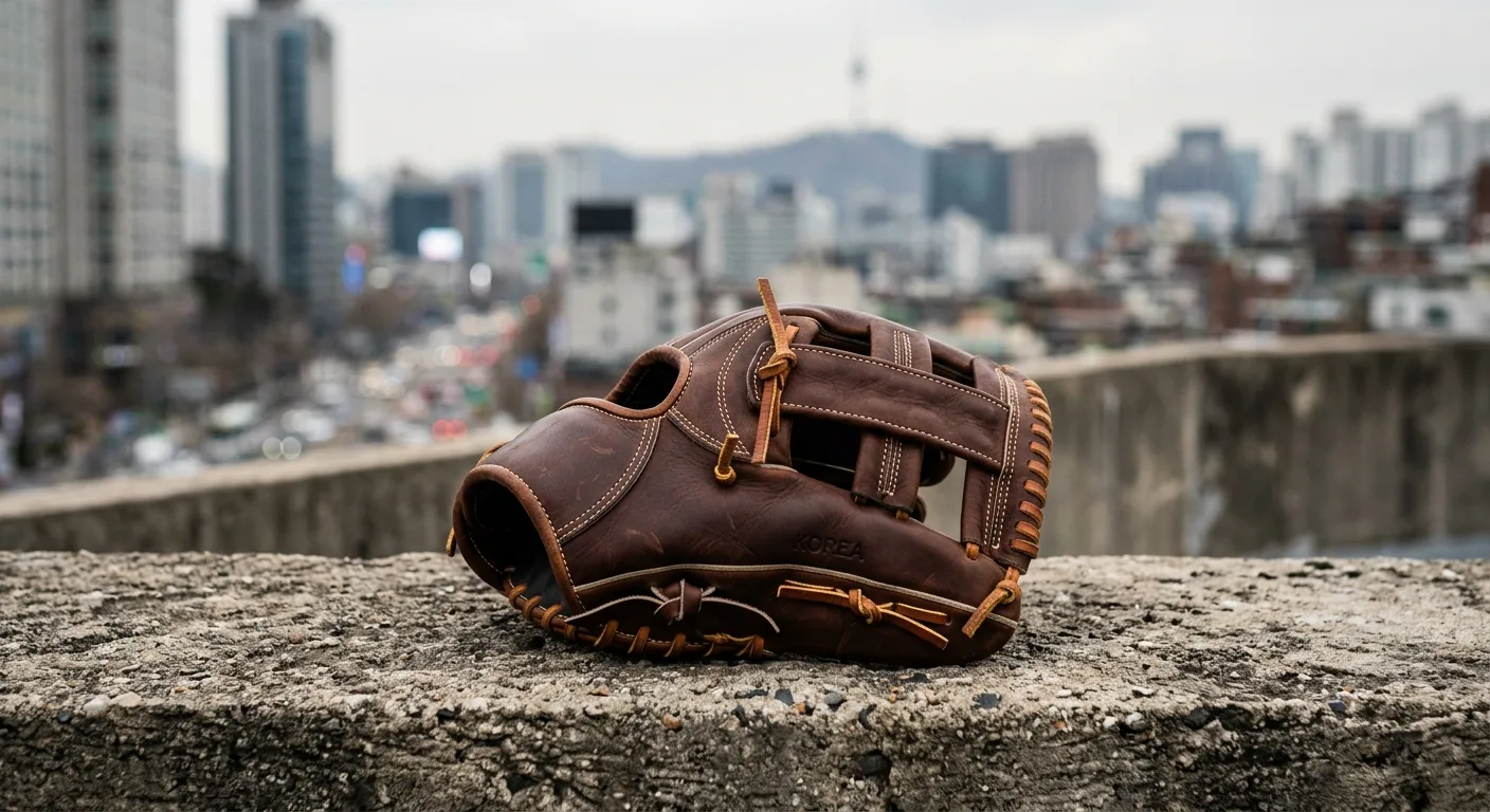 A detailed close-up of a premium leather baseball glove with no index finger hole, resting on a textured concrete surfac