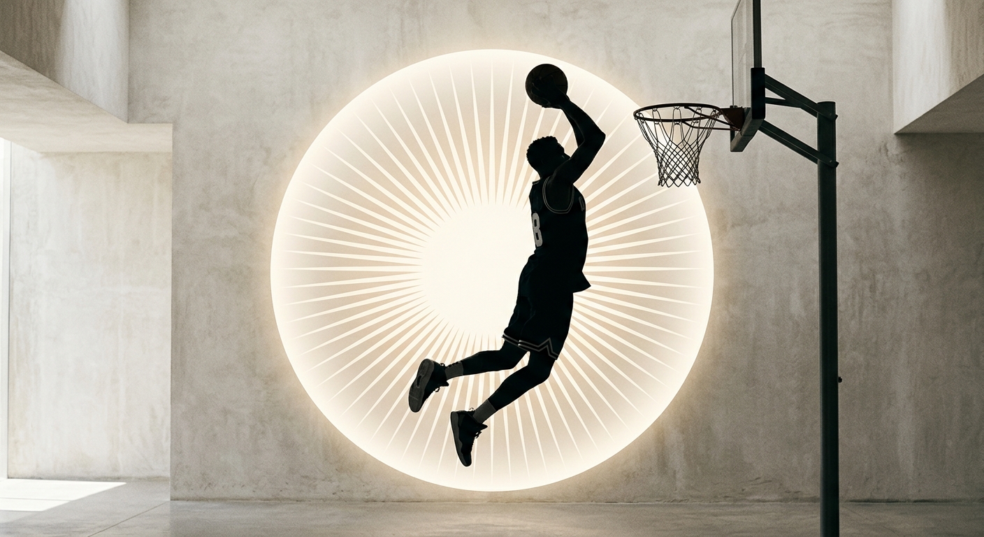 An action-oriented, stylish silhouette of a basketball player against a minimalist circular sunburst design, reflecting 