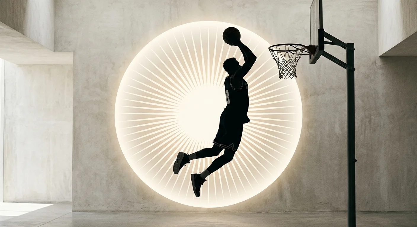 An action-oriented, stylish silhouette of a basketball player against a minimalist circular sunburst design, reflecting