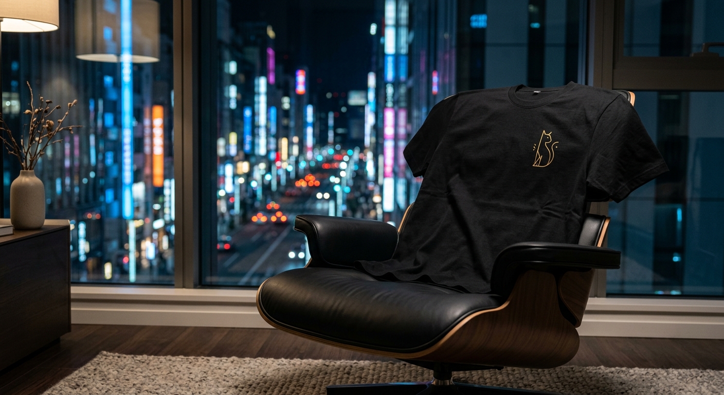 A close-up of a high-quality black cotton t-shirt with a subtle golden cat graphic, draped over a modern designer chair 