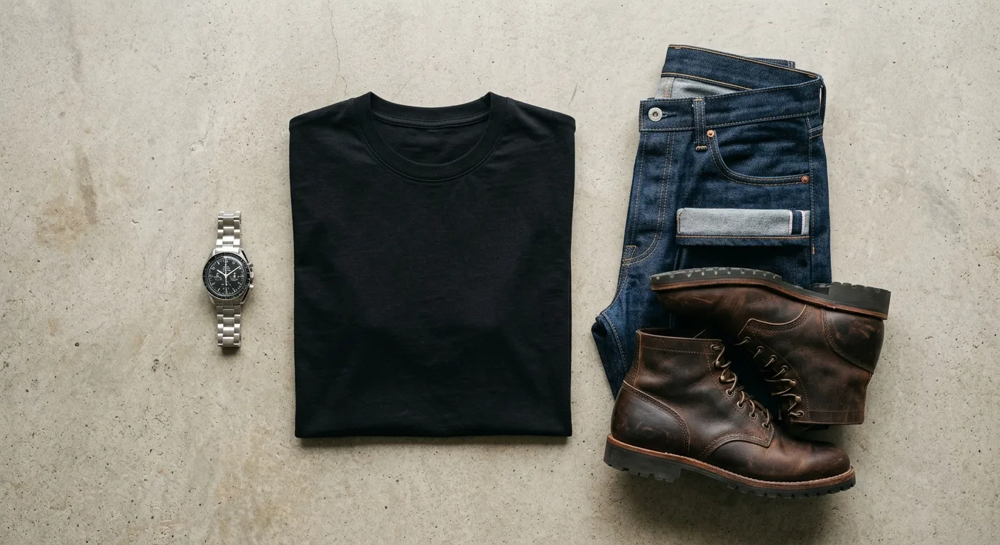 A flat-lay of a masculine outfit featuring a heavyweight black t-shirt, dark selvedge denim jeans, a premium stainless s
