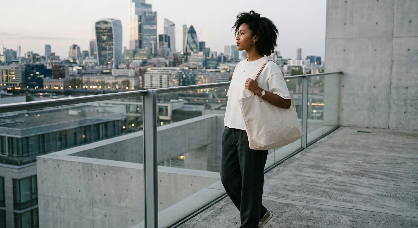 A stylish fan in a minimalist urban setting wearing a heavyweight boxy tee and carrying a natural canvas tote, looking o