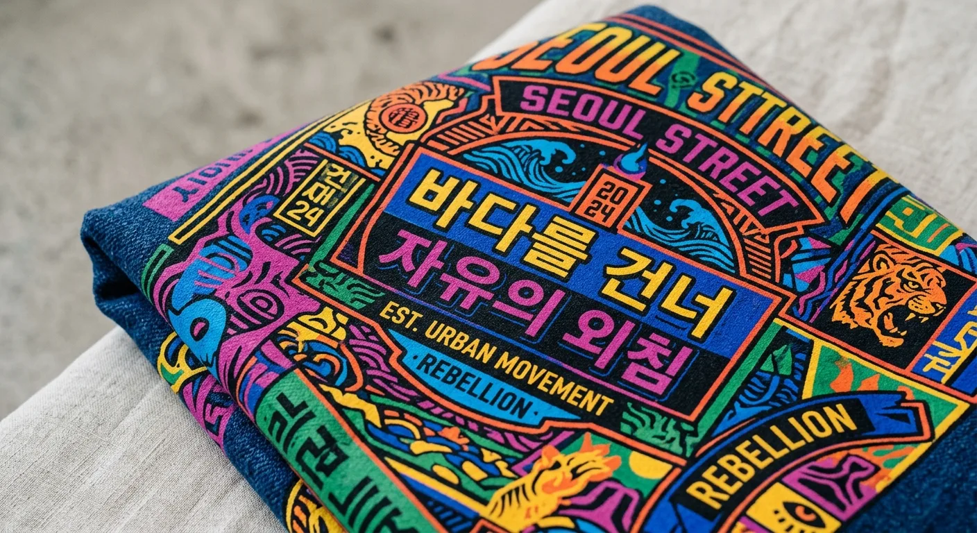 A close-up of high-quality heavyweight cotton fabric showing the intricate detail of a Korean streetwear print with vibr