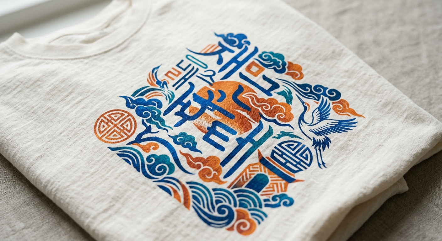 A close-up of a premium cotton t-shirt texture showing the intricate detail of a Korean-inspired graphic design with vib