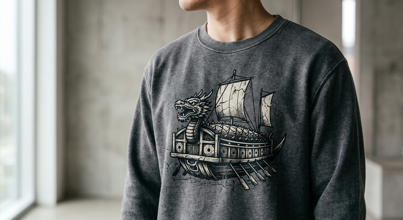 A close-up of a high-quality graphic sweatshirt featuring a stylized dragon-headed Korean turtle ship in a grunge aesthe