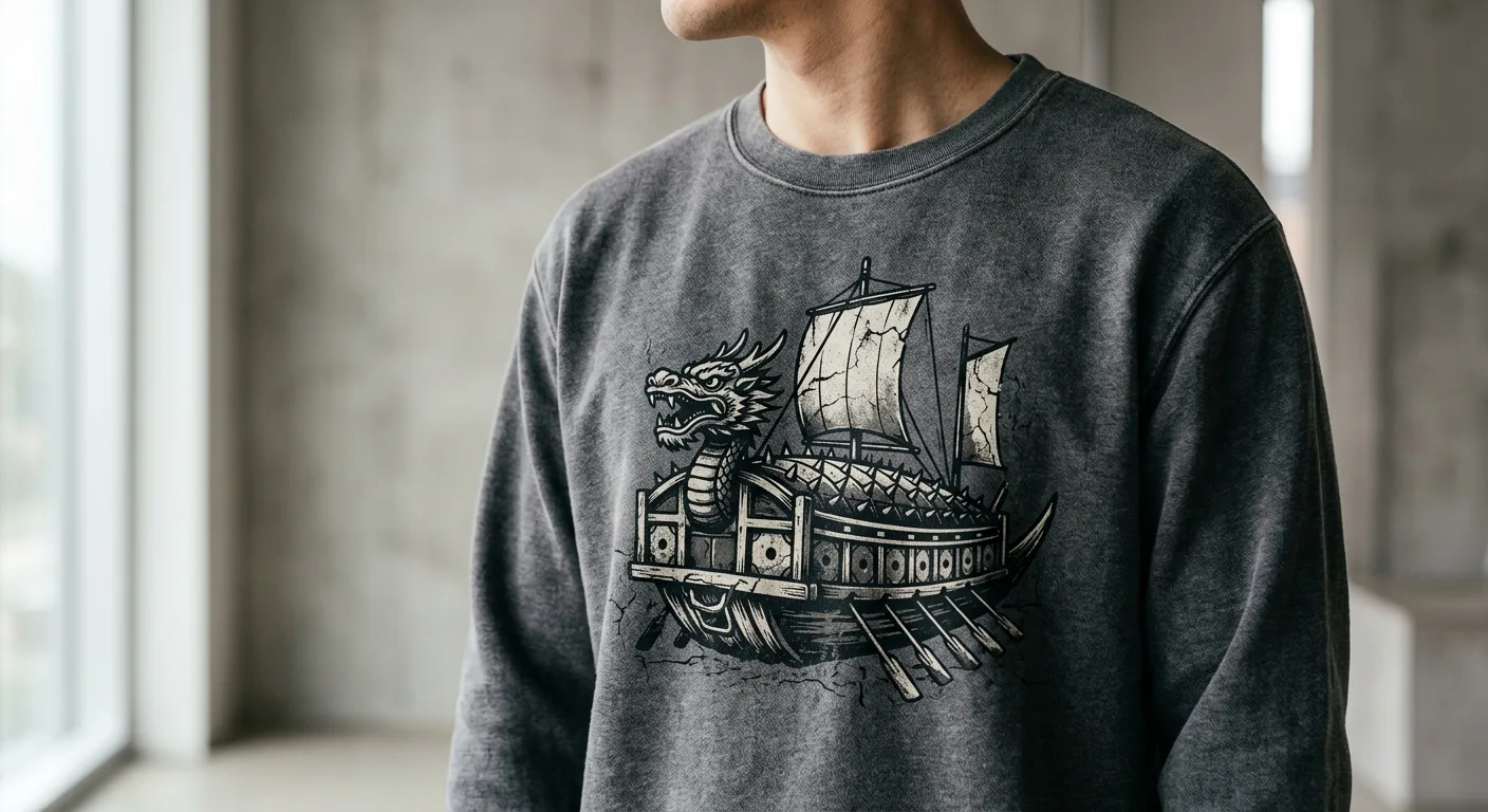A close-up of a high-quality graphic sweatshirt featuring a stylized dragon-headed Korean turtle ship in a grunge aesthe