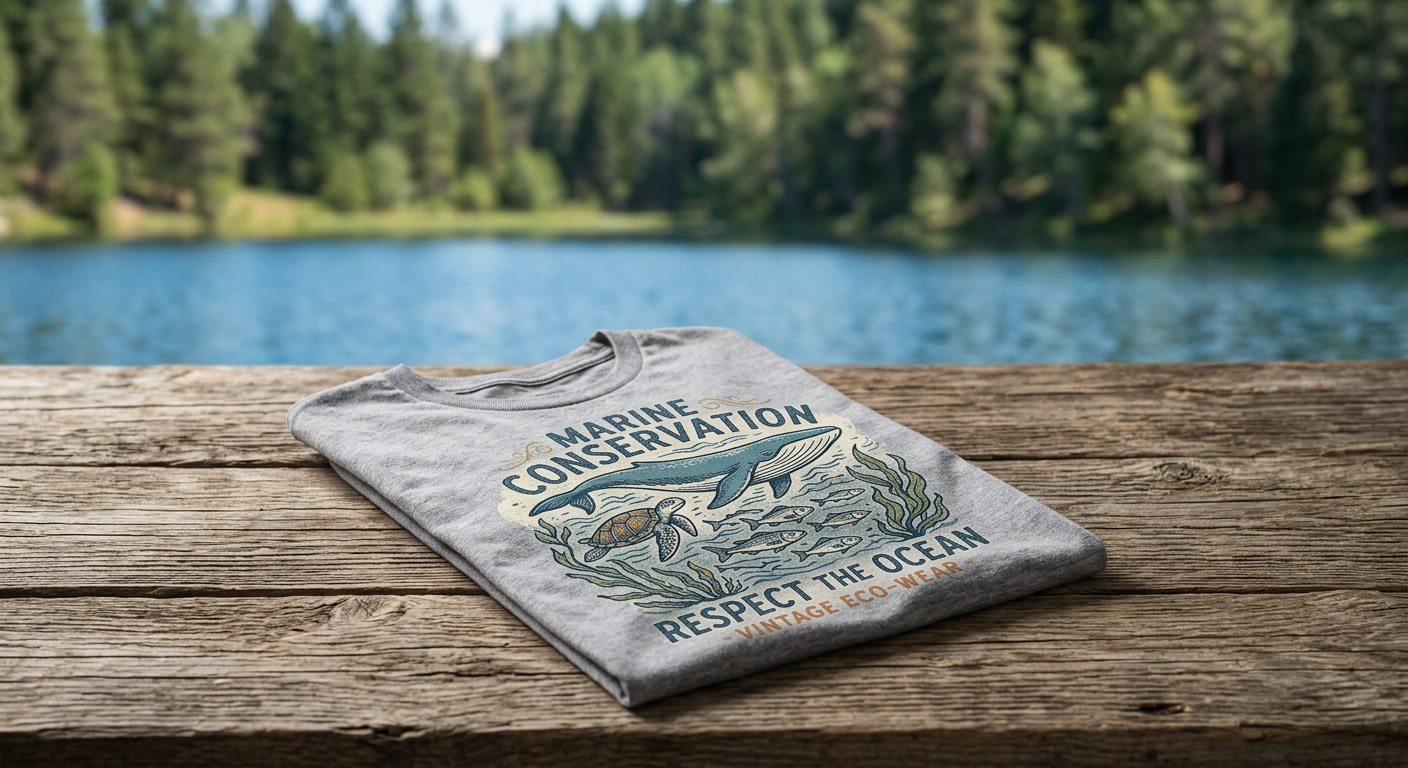 A close-up of a high-quality graphic t-shirt with a vintage marine conservation design, resting on a rustic wooden table