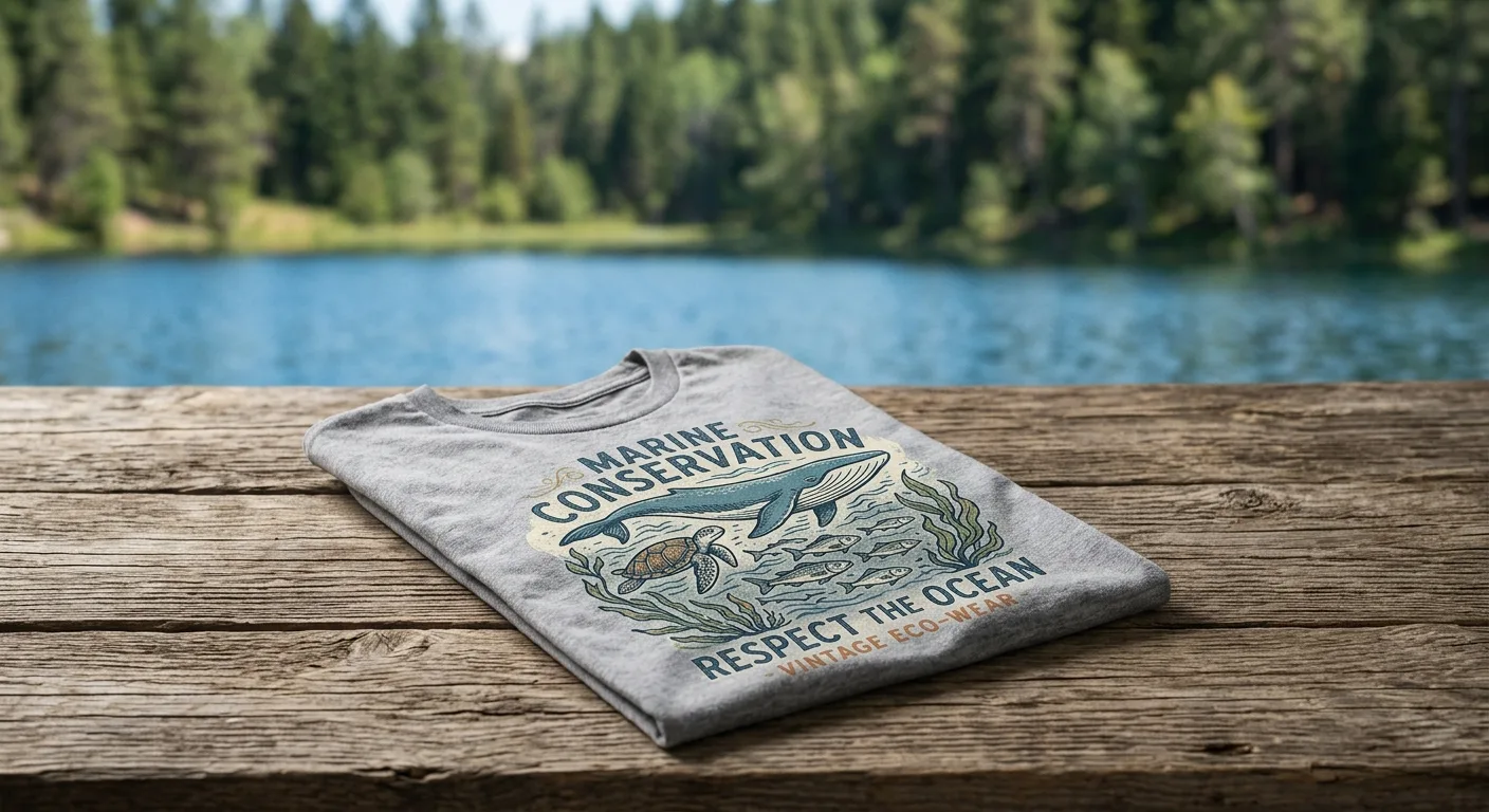 A close-up of a high-quality graphic t-shirt with a vintage marine conservation design, resting on a rustic wooden table