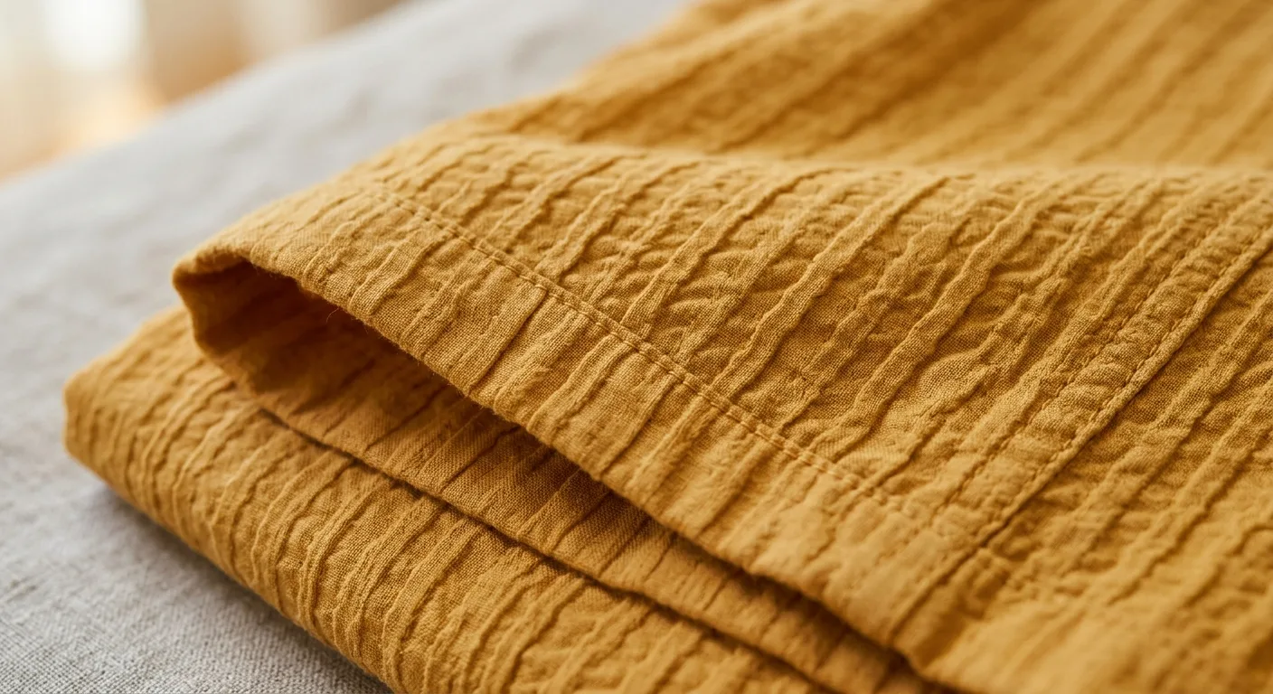 A close-up shot of textured seersucker fabric in a warm ochre tone, showcasing the puckered surface and high-quality sti