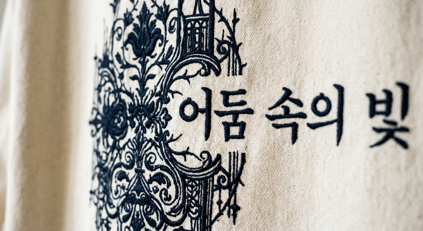 A close-up of a textured, heavy cotton fabric showing intricate dark gothic embroidery and Korean calligraphy with a sha