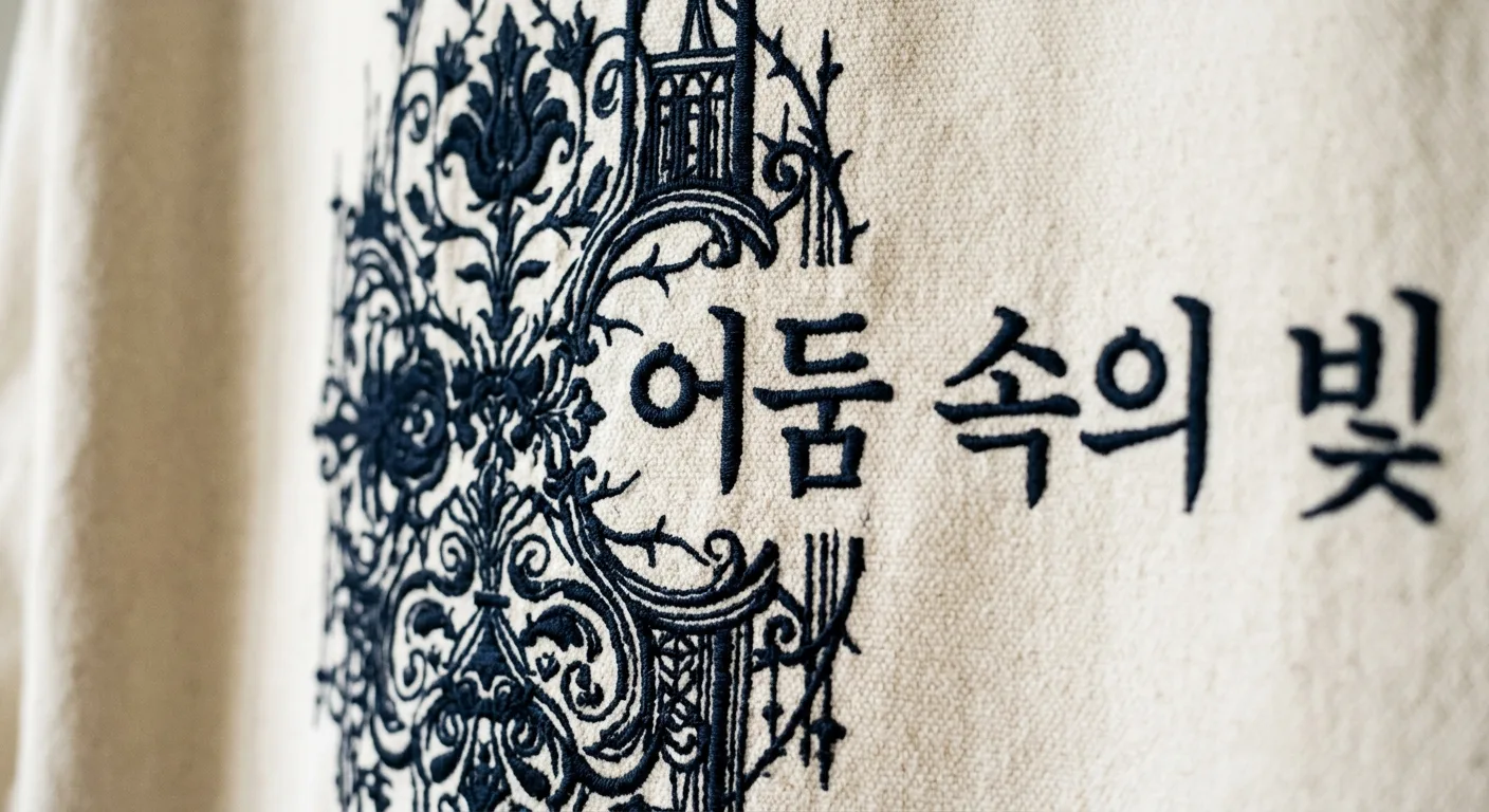 A close-up of a textured, heavy cotton fabric showing intricate dark gothic embroidery and Korean calligraphy with a sha