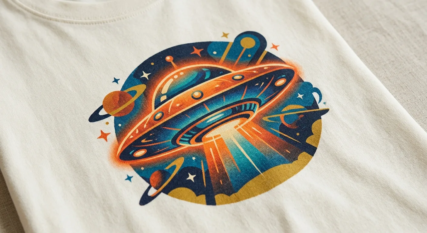 A close-up of a premium cotton t-shirt fabric showing the detailed texture of a retro-futuristic UFO graphic with vibran