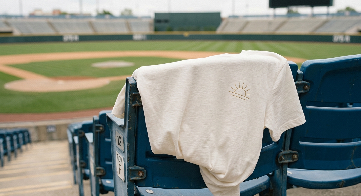 A close-up of a high-quality cotton t-shirt with a minimalist gold graphic design, draped over a stadium seat with a blu