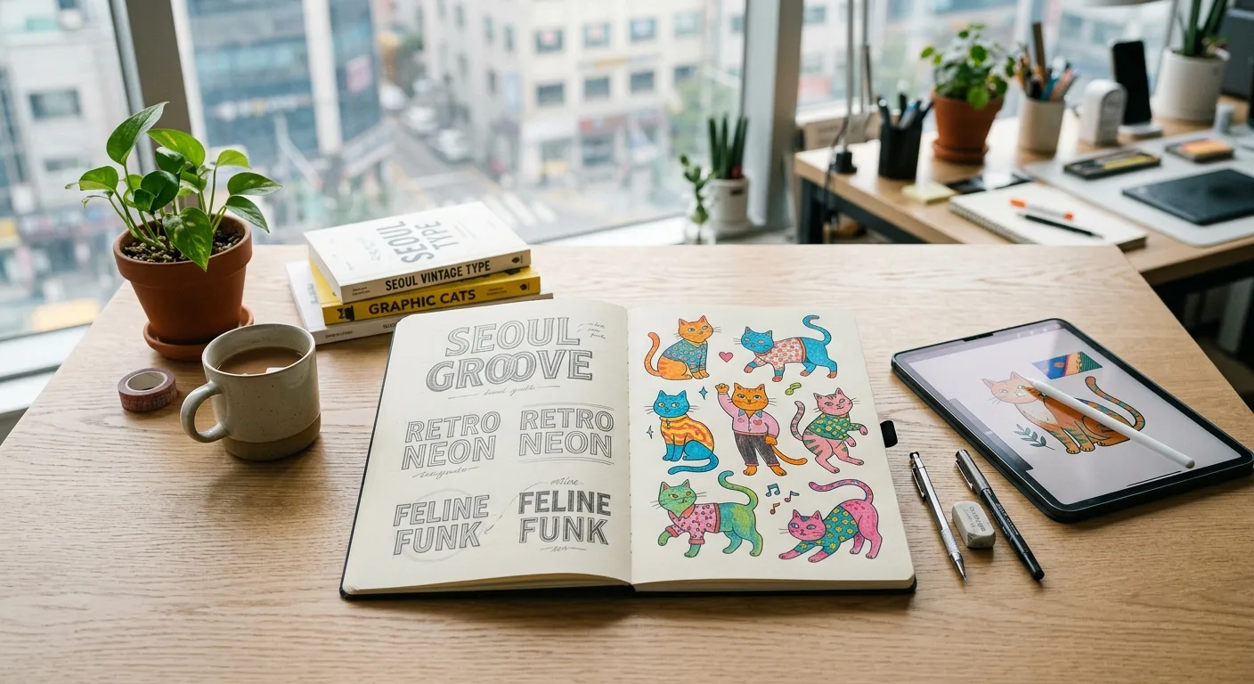 A close-up of a designer's desk in Seoul, showing hand-drawn sketches of retro-style typography and vibrant cat illustra