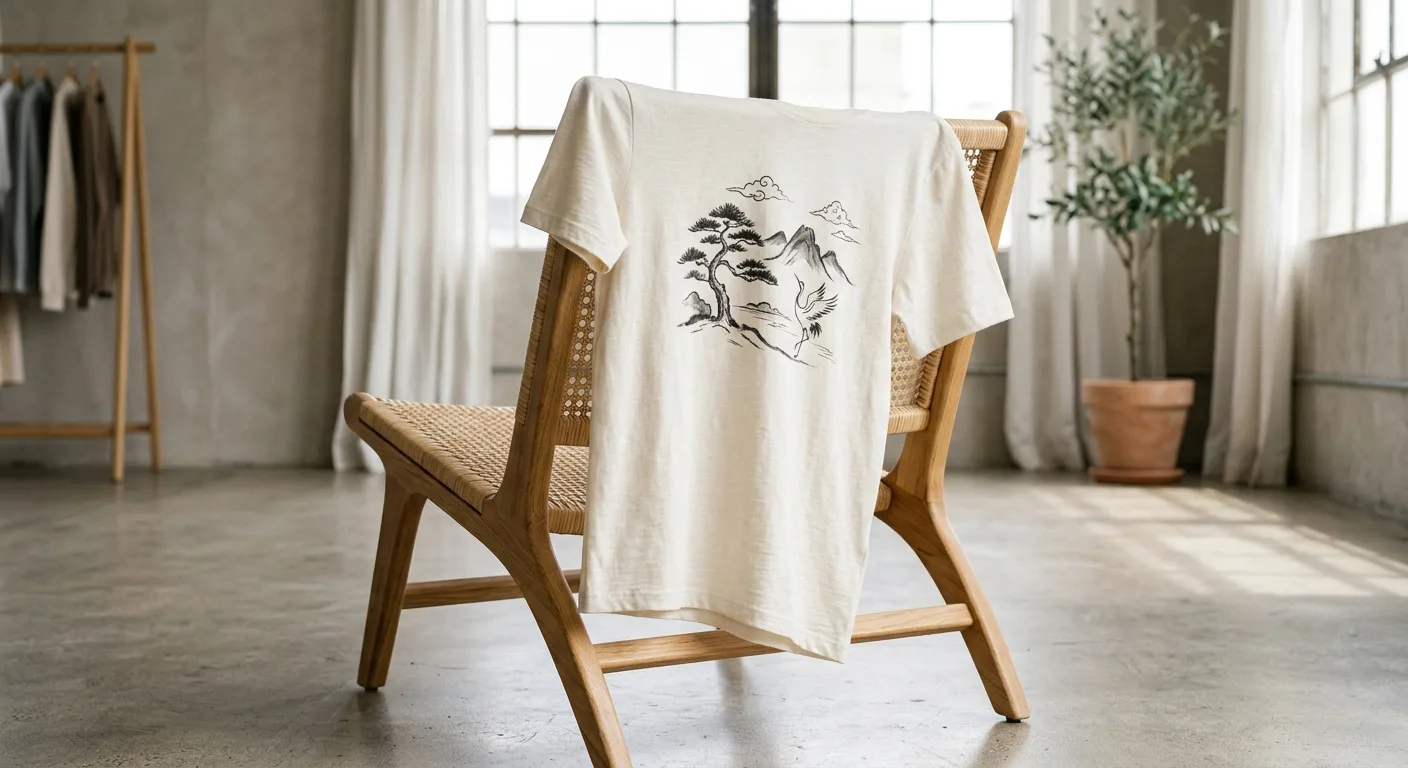 A close-up of a high-quality cotton t-shirt featuring artistic Korean-inspired graphics, draped elegantly over a designe