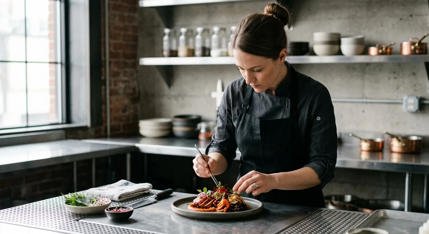 A professional chef in a modern, industrial kitchen wearing a sleek black apron, focusing intensely on a plate of vibran