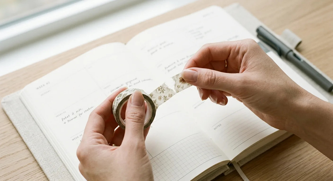 A close-up of a hand carefully tearing a strip of semi-transparent floral paper tape, showing the delicate fibers at the
