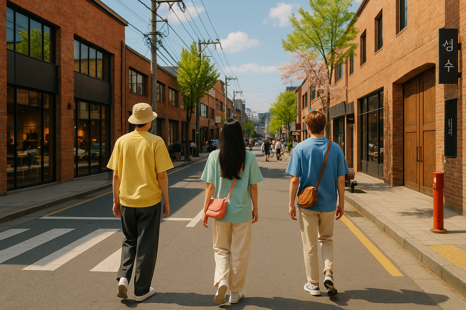 Three young Korean people walking across a Seongsu-dong street with red-brick warehouses cherry blossoms and overhead power lines