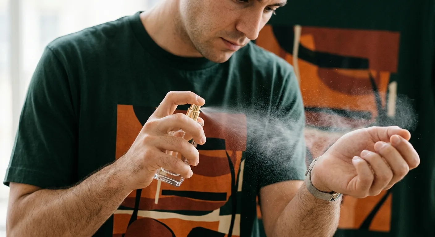 A close-up shot of a man's wrist being sprayed with perfume, showing the fine mist against a background of a dark green 